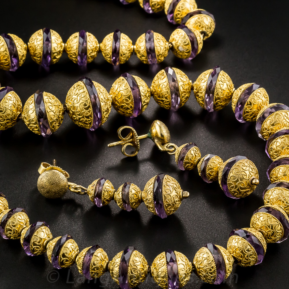 Etruscan Revival Gold Bead and Amethyst Necklace and Earrings
