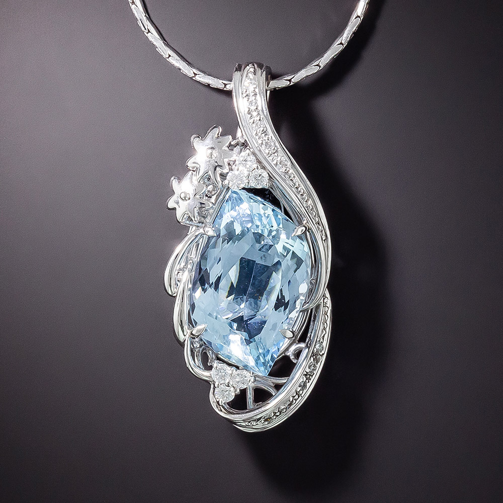 Fancy Shape 10.12 Carat Aquamarine and Diamond Pendant