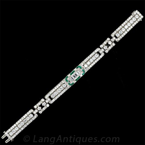 Fine Art Deco Diamond and Calibre Emerald Bracelet