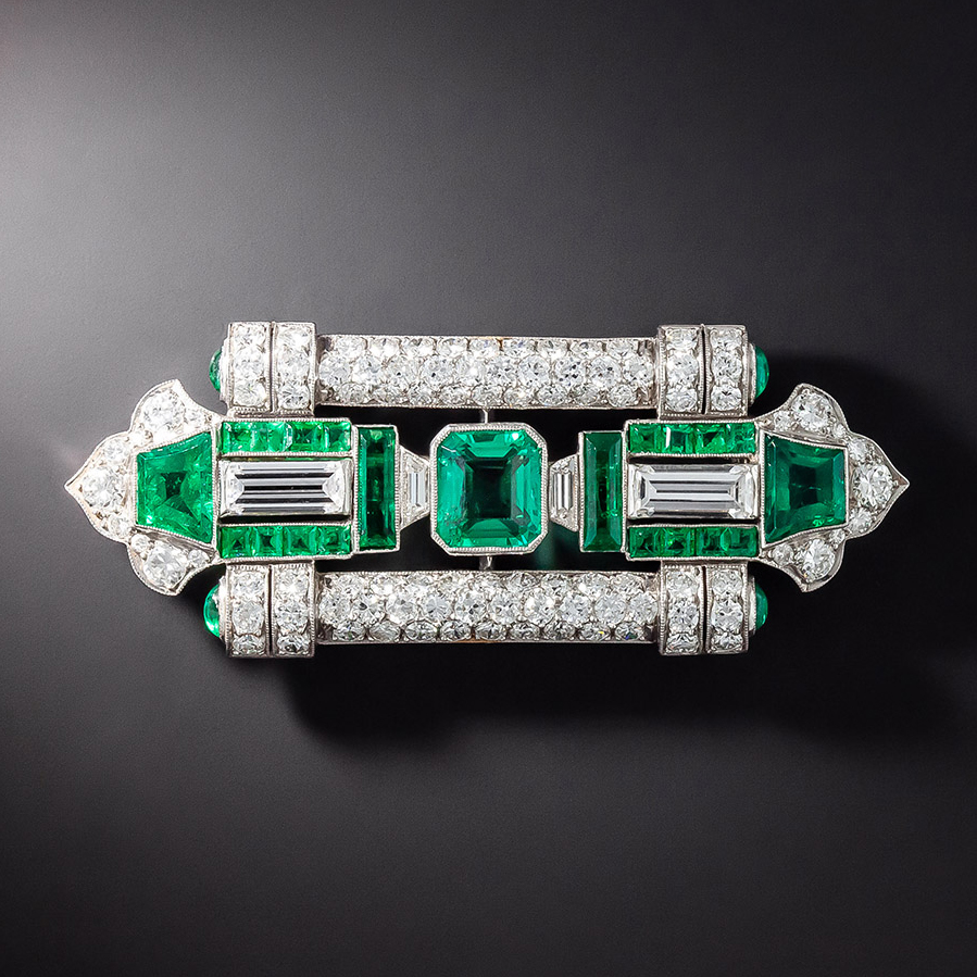 Fine Art Deco Emerald and Diamond Brooch - GIA F1