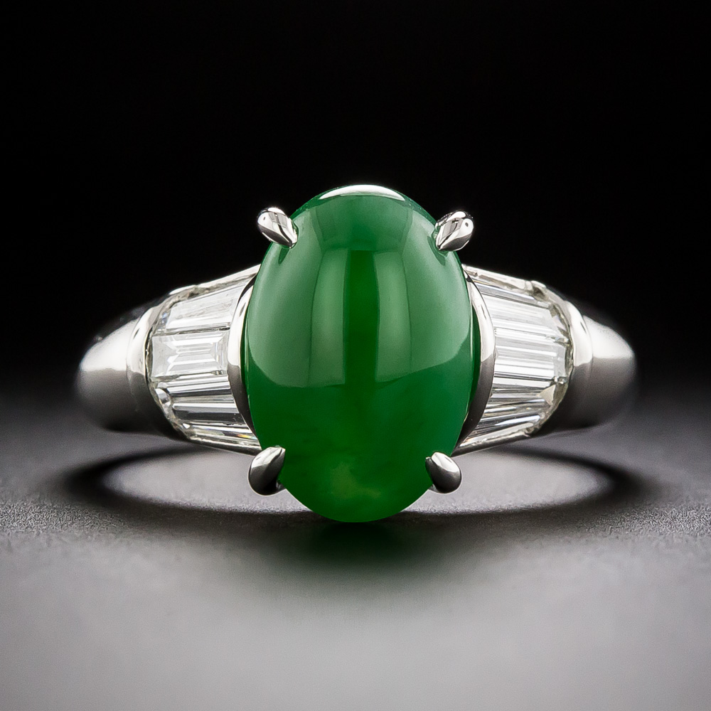Fine Natural Green Jade and Diamond Ring - GIA