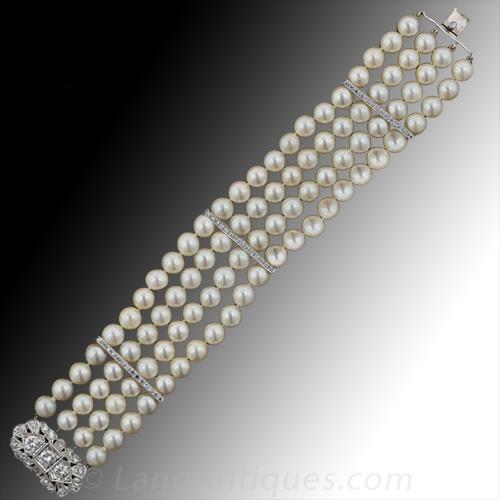 Four Strand Cultured Pearl Bracelet with Antique Style Diamond Clasp