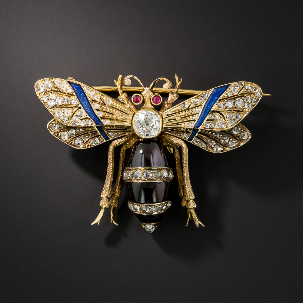 French Antique Diamond Garnet Wasp Brooch