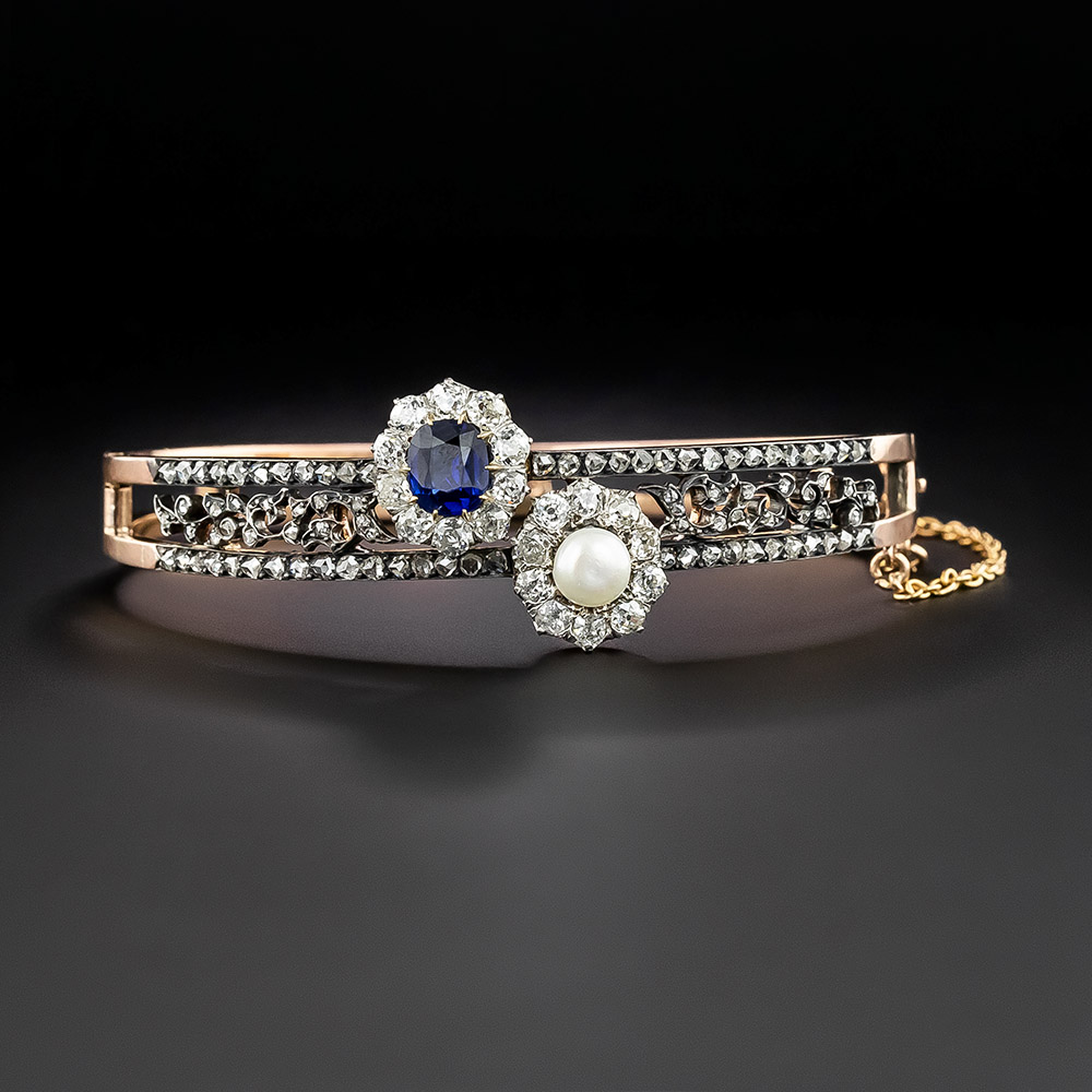 French Antique Diamond, No-Heat Sapphire, and Natural Pearl Bangle