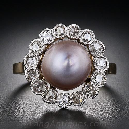 French Antique Natural Pearl and Diamond Ring