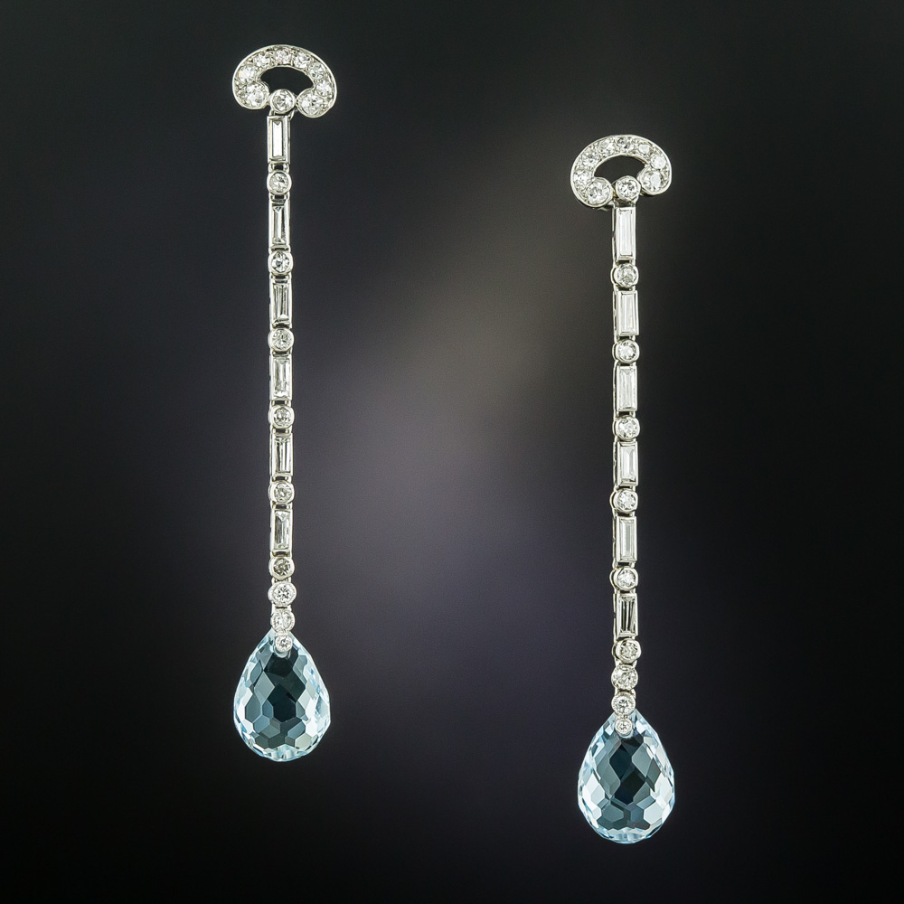 French Aquamarine Briolette and Diamond Drop Earrings - Estate Jewelry ...