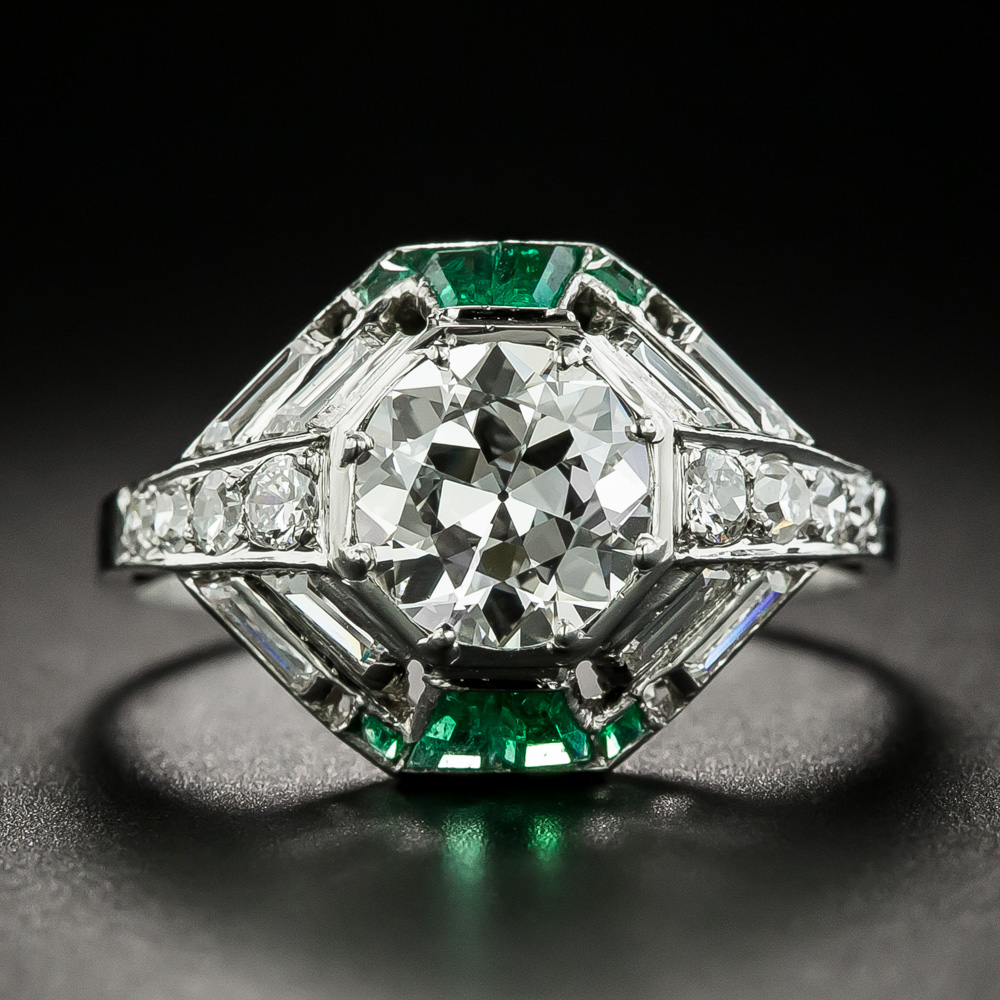 French Art Deco 1.36 Carat Diamond and Calibre Emerald Engagement Ring ...