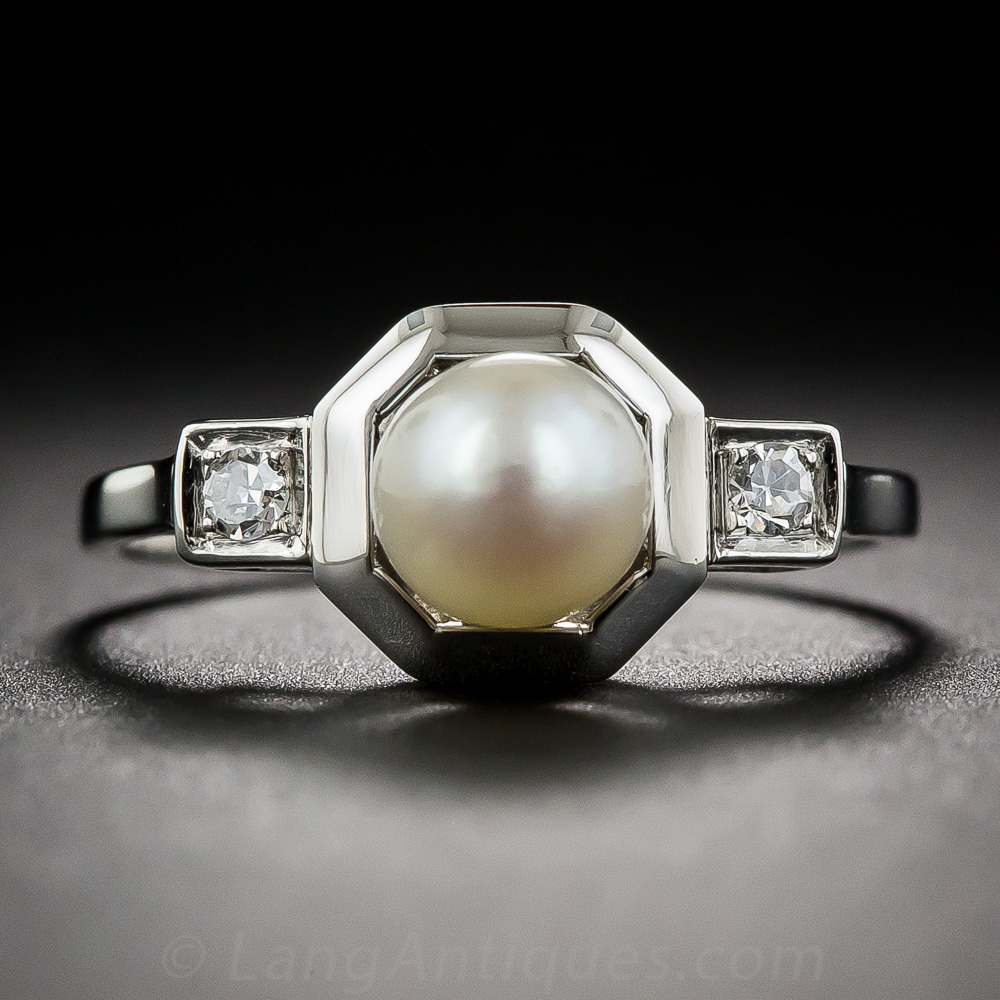 French Art Deco Pearl and Diamond Ring