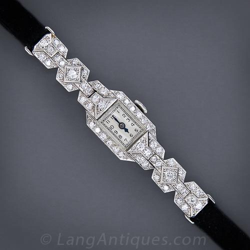 French Art Deco Platinum and Diamond Half-Bracelet Watch