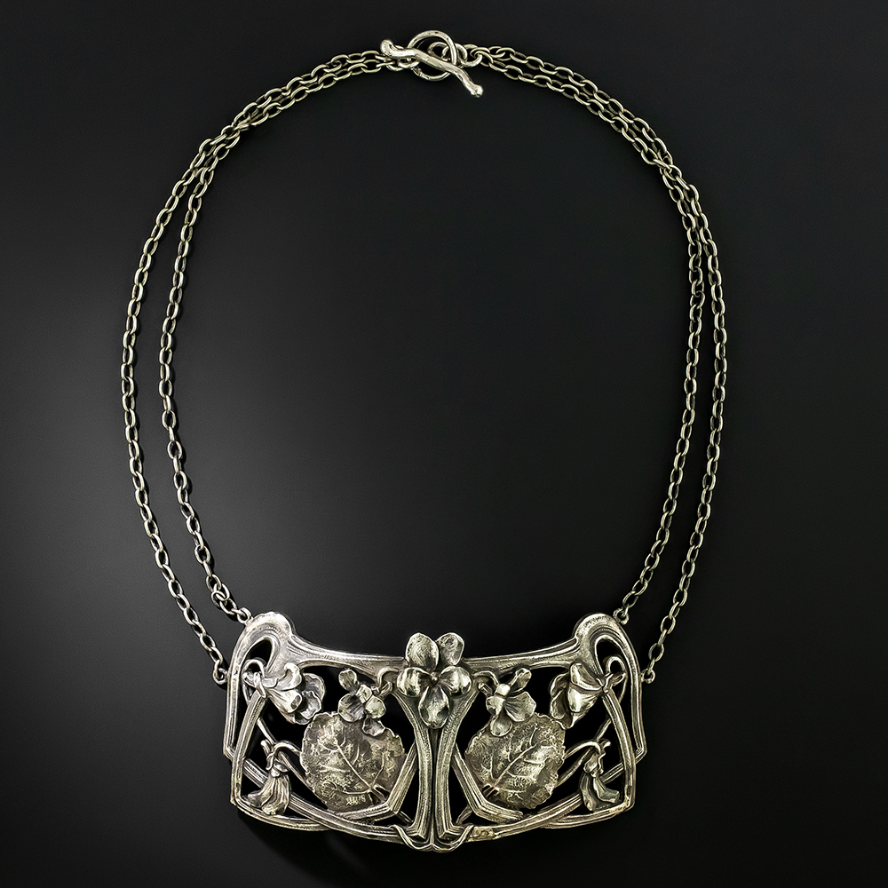 French Art Nouveau Lucien Gaillard Silver Floral Necklace