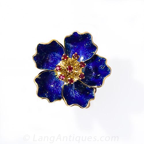French Articulated Blue Enamel Flower Pin