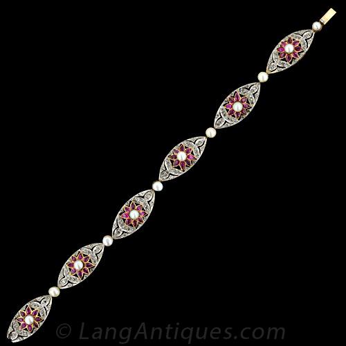 French Belle Epoque Diamond, Ruby and Natural Pearl Bracelet