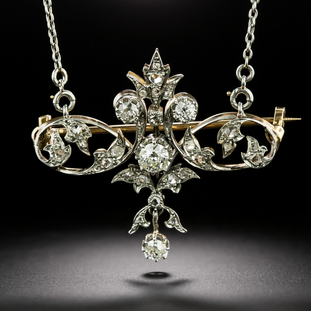 French Belle Epoque Diamond Scroll Necklace/Brooch