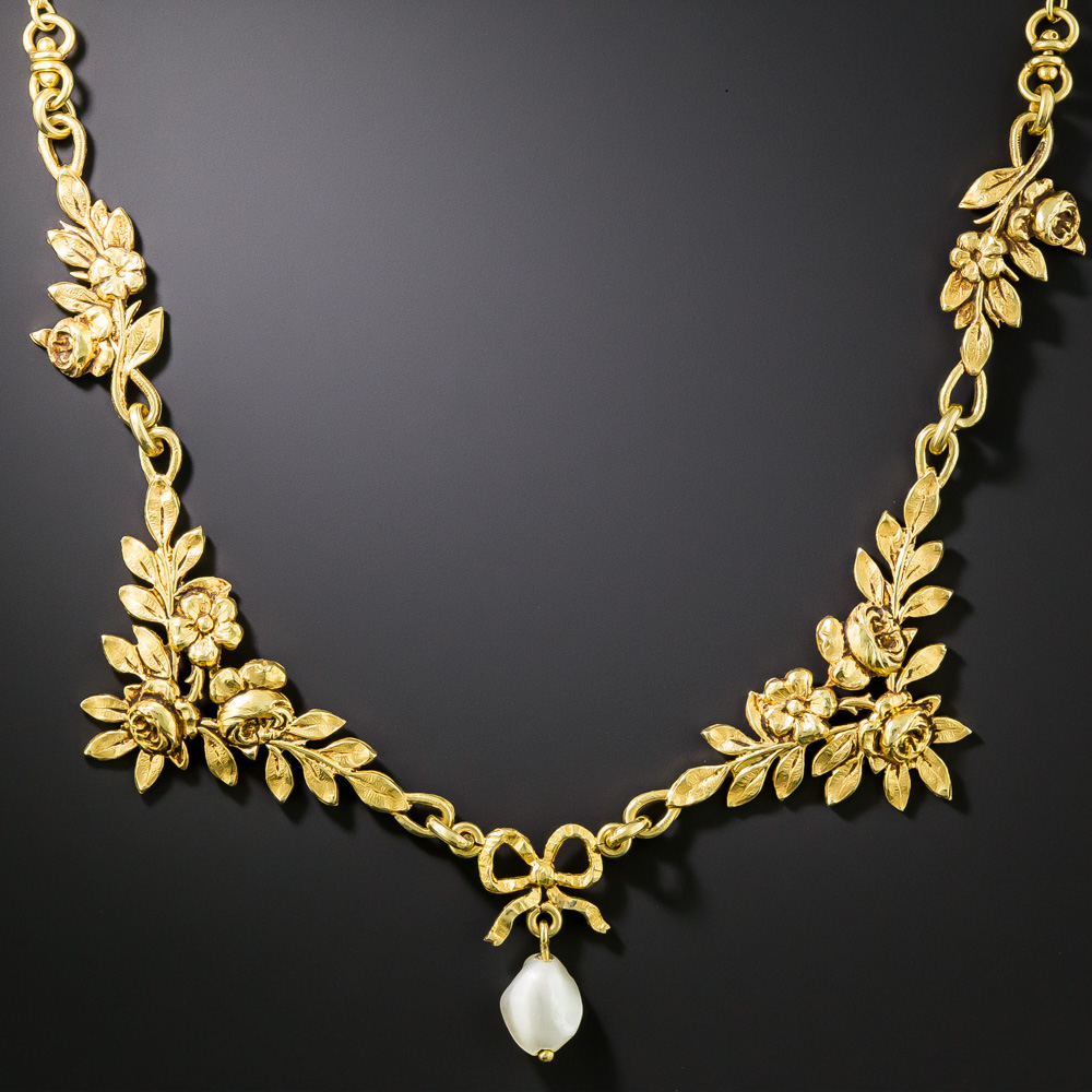 French Belle Epoque Flower Necklace with Pearl Drop