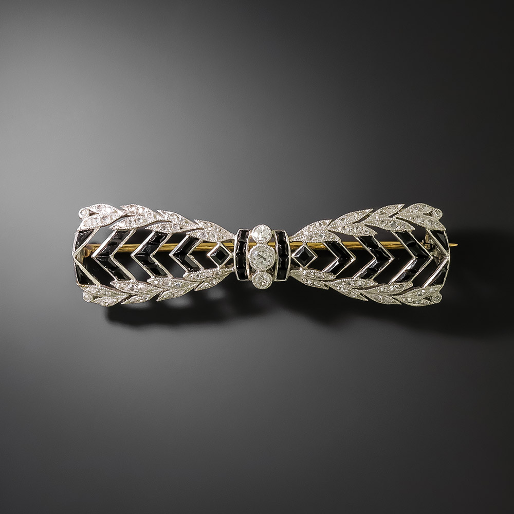 French Belle Époque Onyx and Diamond Bow Brooch