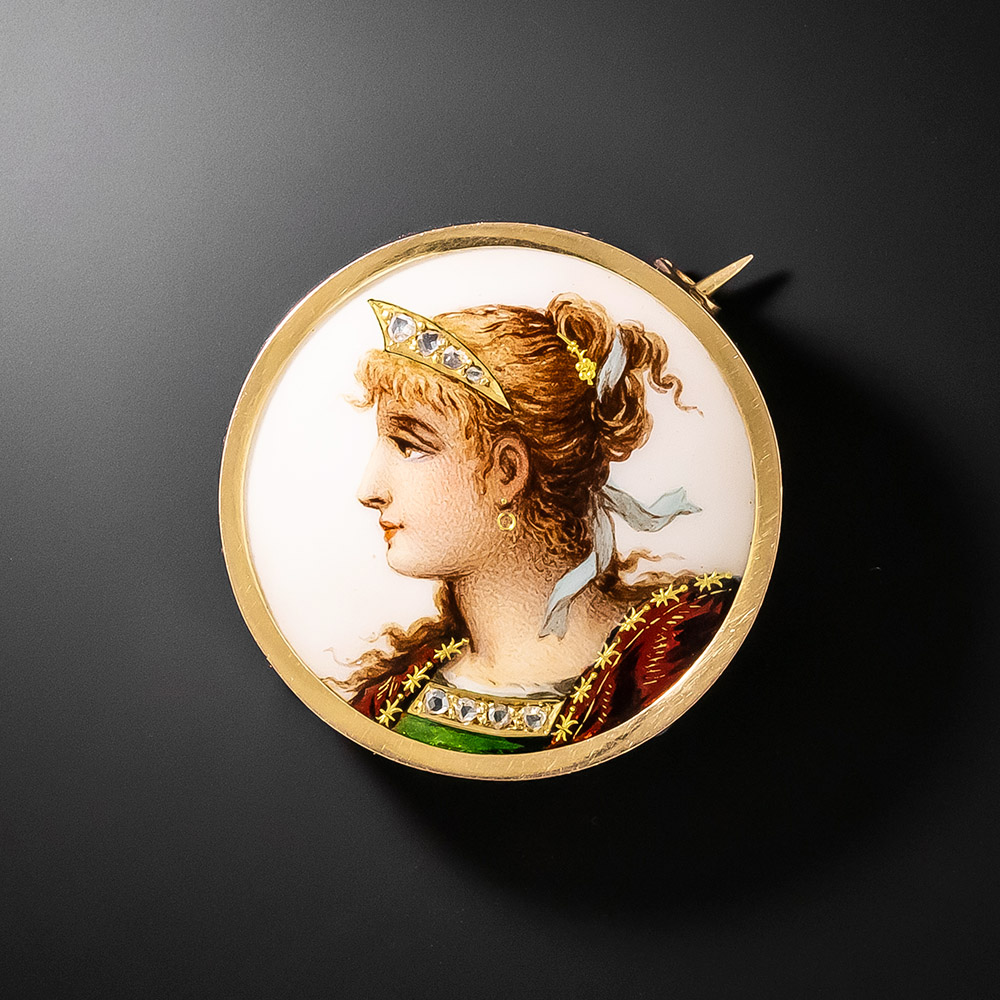 Broche Ancienne Limoges En Porcelaine - Portrait De Femme, Monture Laiton Doré, Occasion