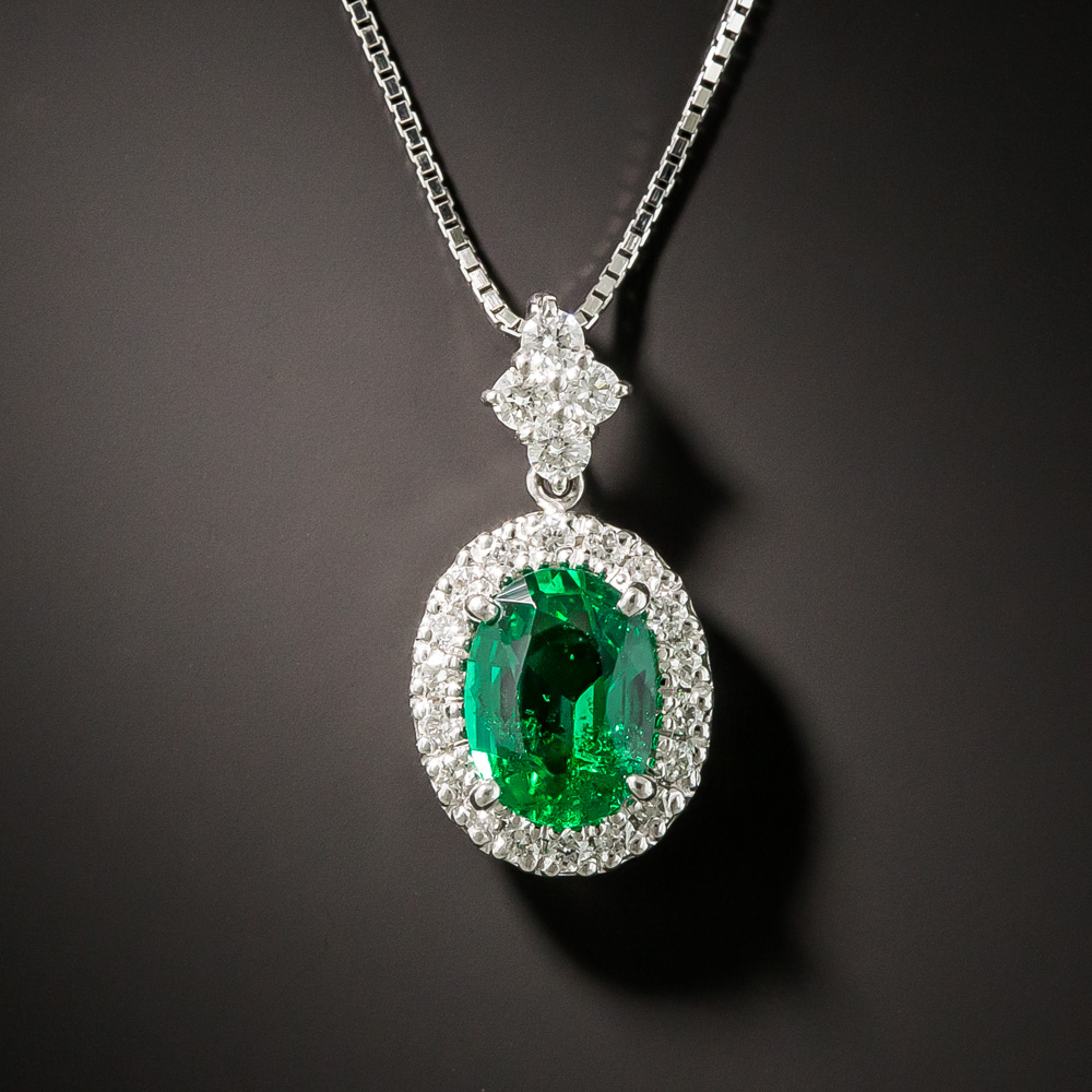 Gem 1.11 Carat Oval Emerald and Diamond Halo Necklace - No Clarity ...