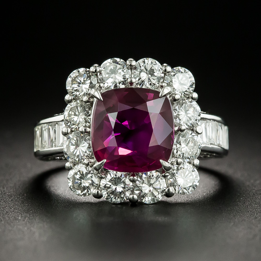 Estate 3.00 Carat No-Heat Cushion-Cut Ruby and Diamond Ring - GIA