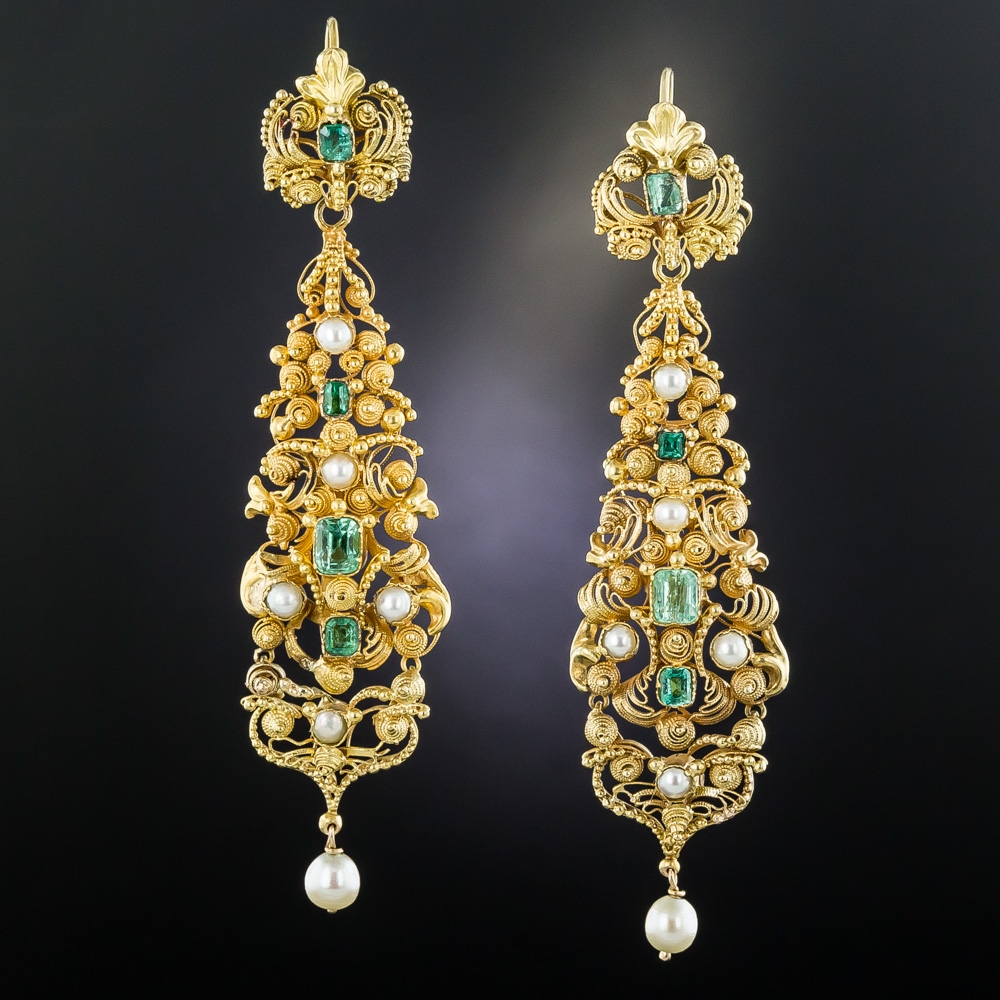 Georgian Cannetille Emerald and Pearl Long Drop Earrings