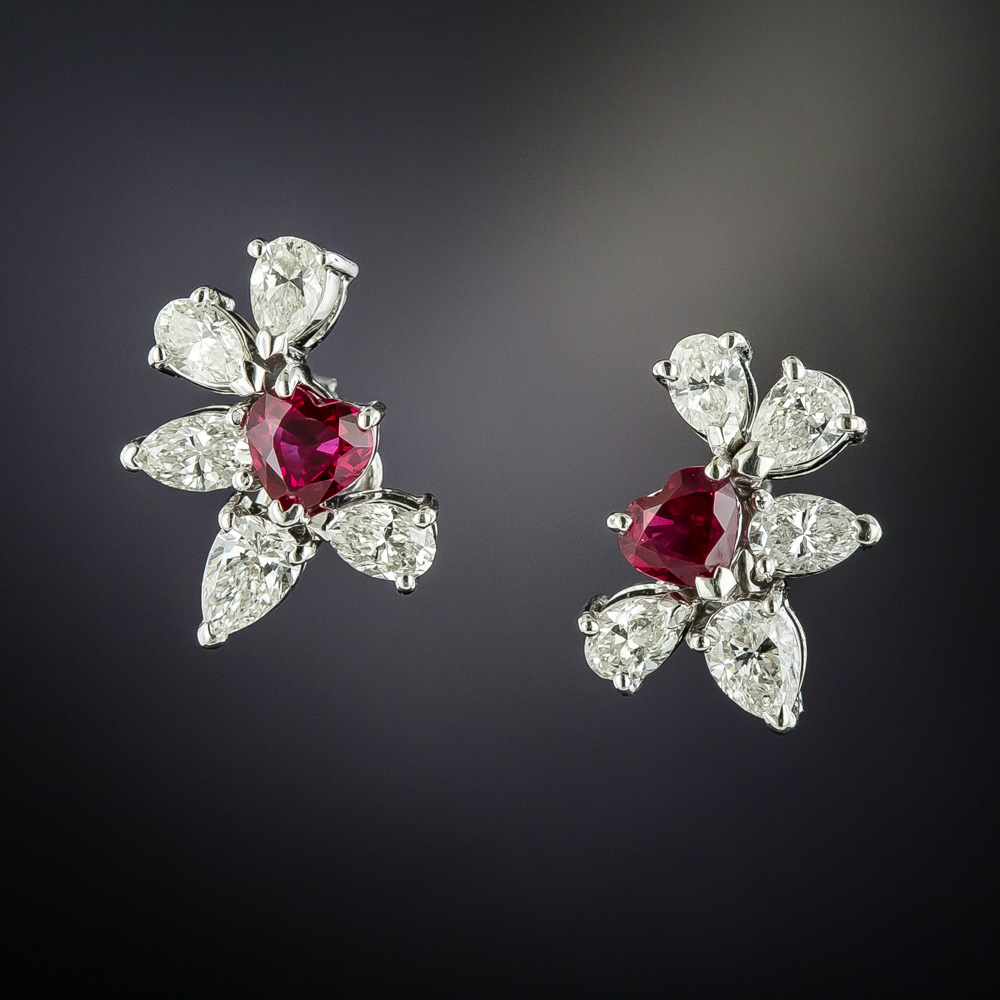 Heart-Shaped Ruby and Diamond Earrings