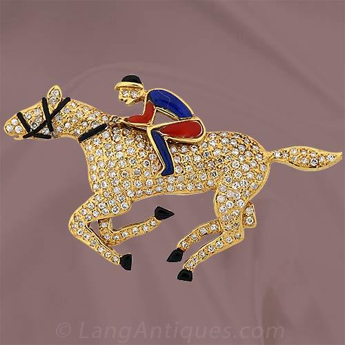 Horse and Jockey Pin with Diamonds, Lapis, Coral and Onyx