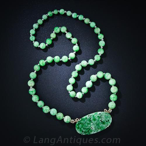 Jade Bead Necklace with Carved Centerpiece