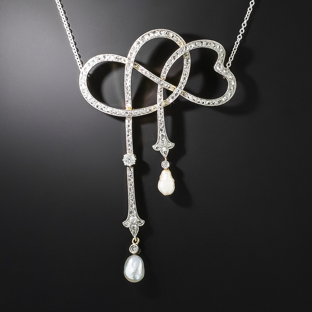 Large Edwardian Diamond And Pearl Bow Lavalière