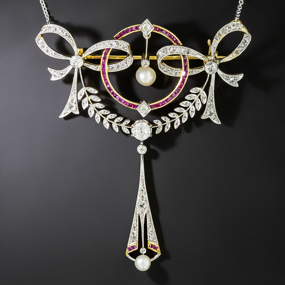 Large Edwardian Diamond, Ruby and Pearl Bow Pendant