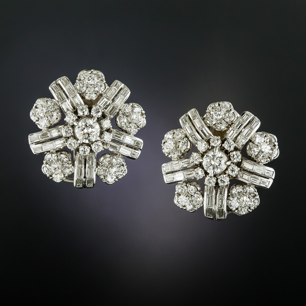 Large Mid-Century Diamond Flower Earrings