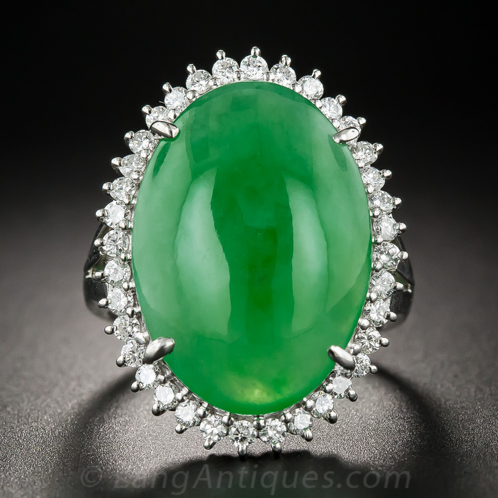 Large Natural Burmese Jadeite Platinum Diamond Ring