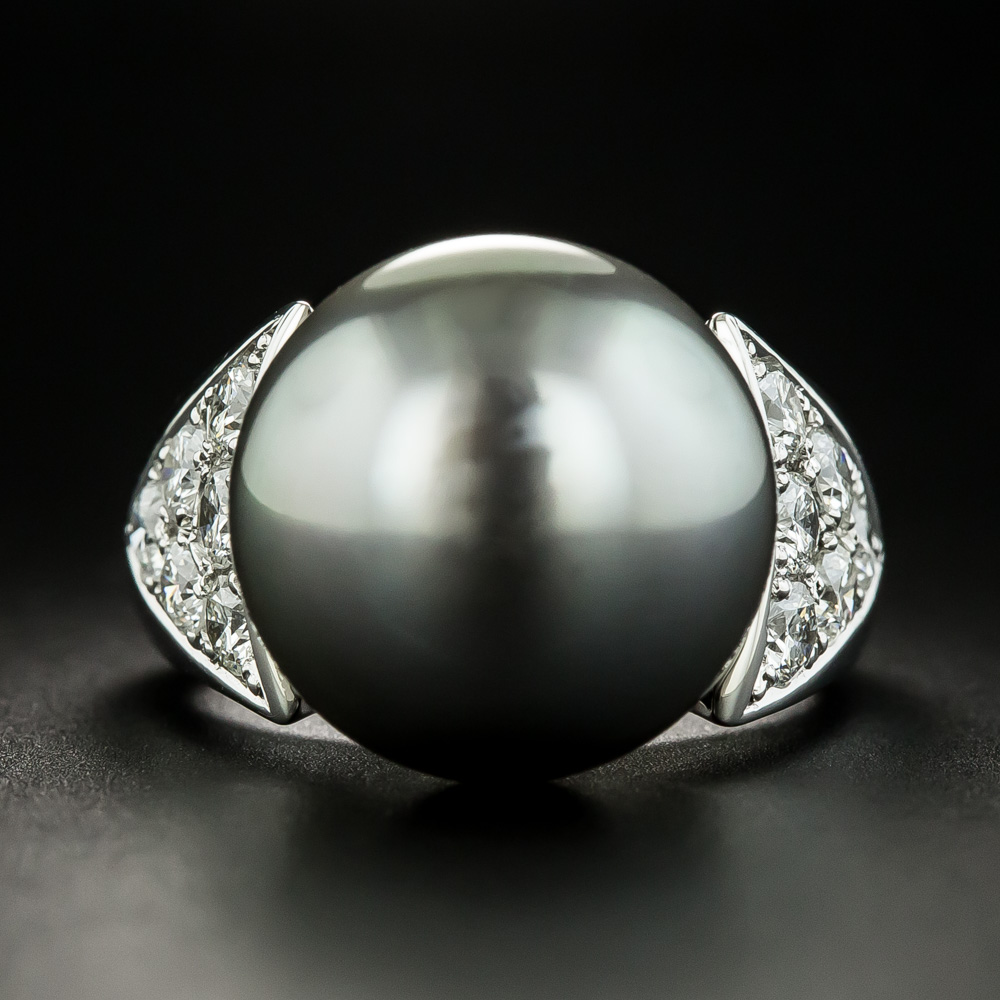 Large Tahitian Pearl and Pavé Diamond Ring