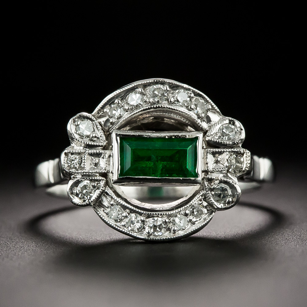 Late-Art Deco Emerald and Diamond Ring