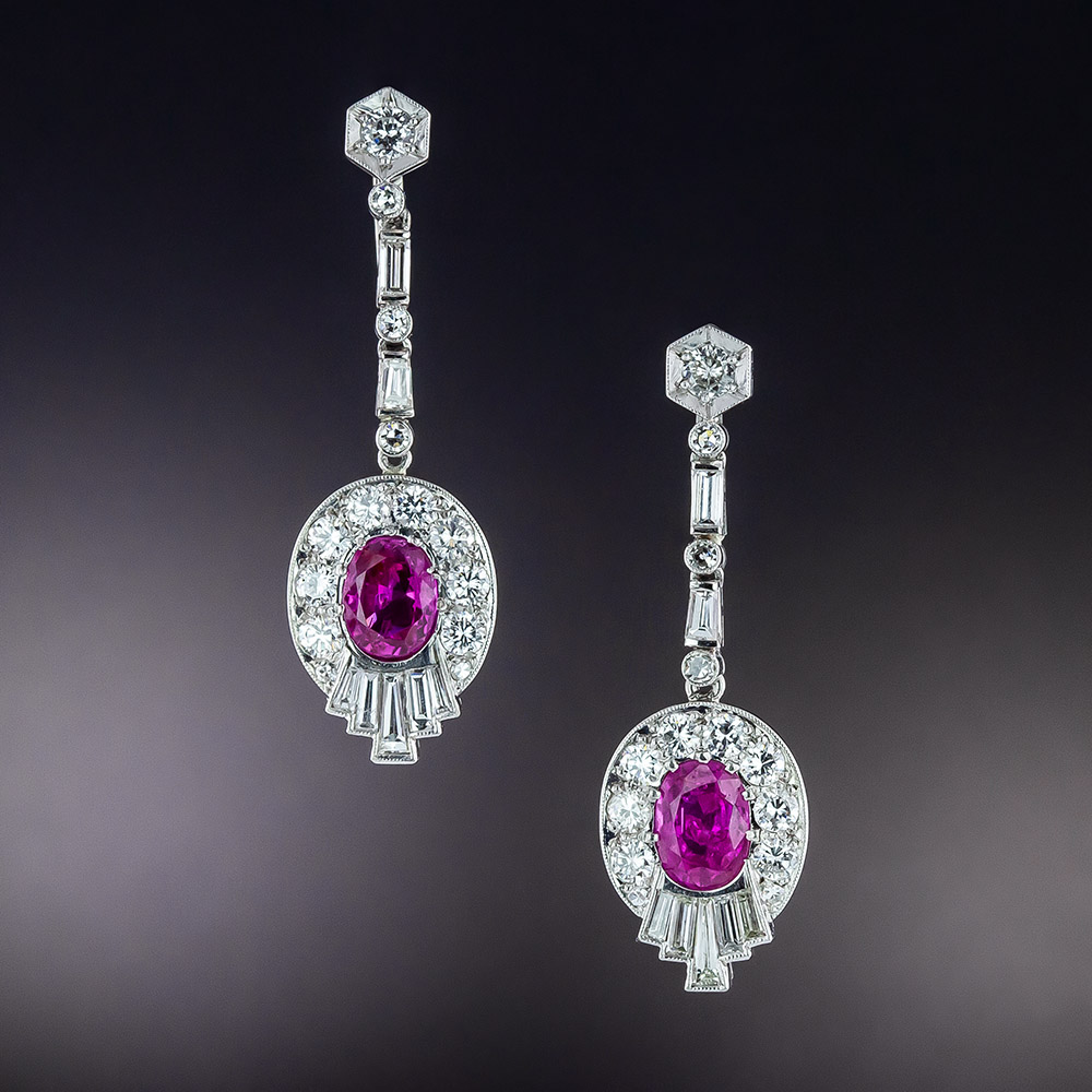 Late Art Deco No-Heat Burmese Ruby and Diamond Dangle Earrings