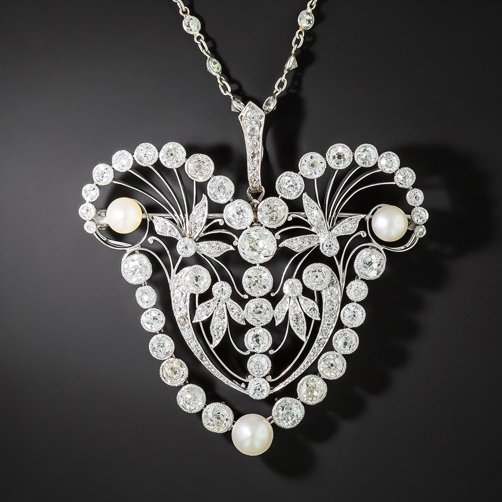 Late Edwardian Diamond and Natural Pearl Brooch / Necklace