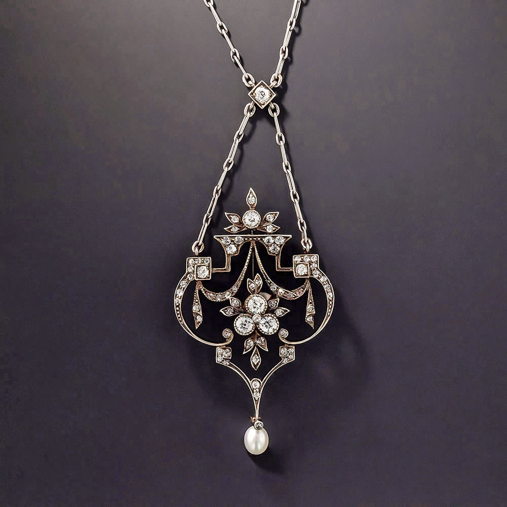 Late-Victorian Diamond and Pearl Lavalière Necklace