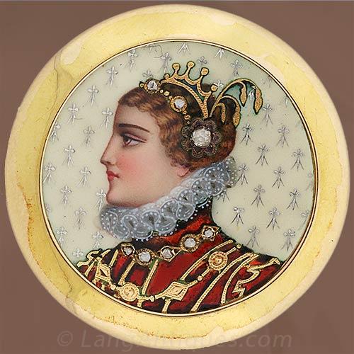 Broche Ancienne En Email De Limoges - Profil De Femme Avec Fleurs - Bijou Vintage élégant
