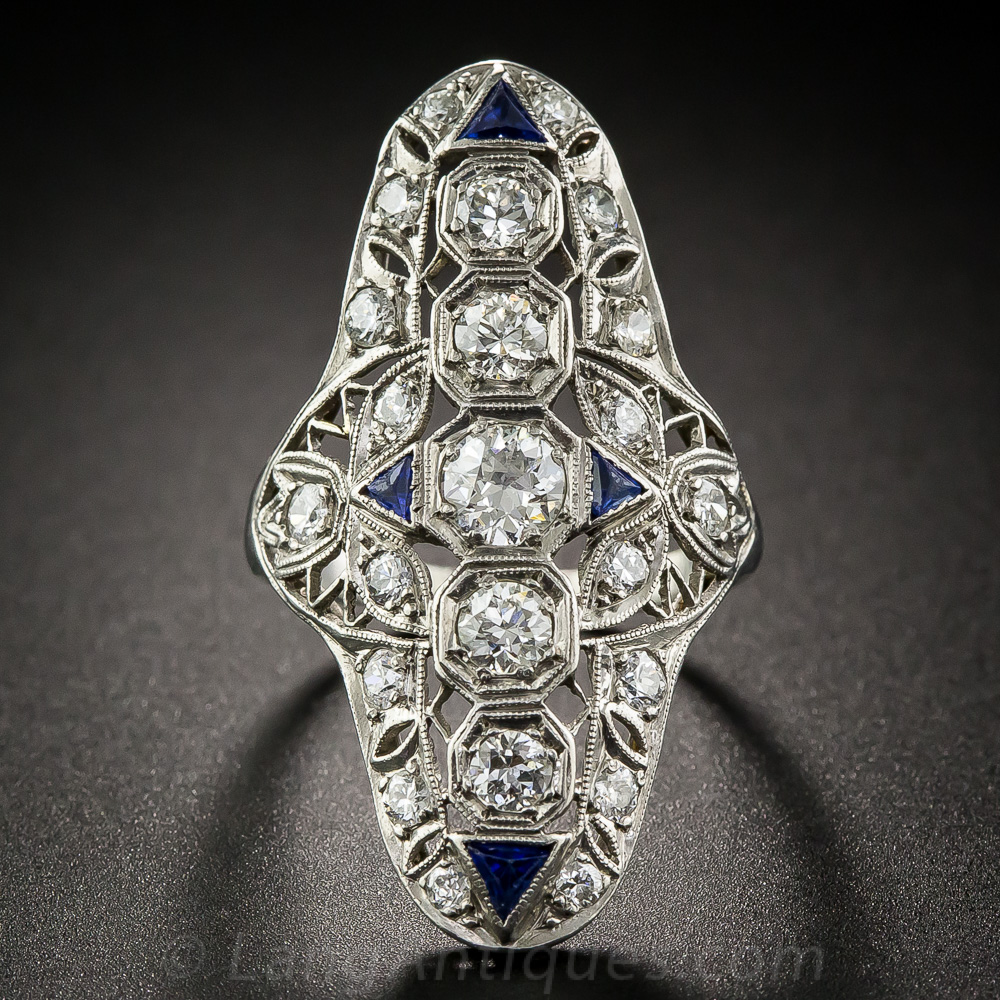 Long Art Deco Platinum and Diamond Dinner Ring