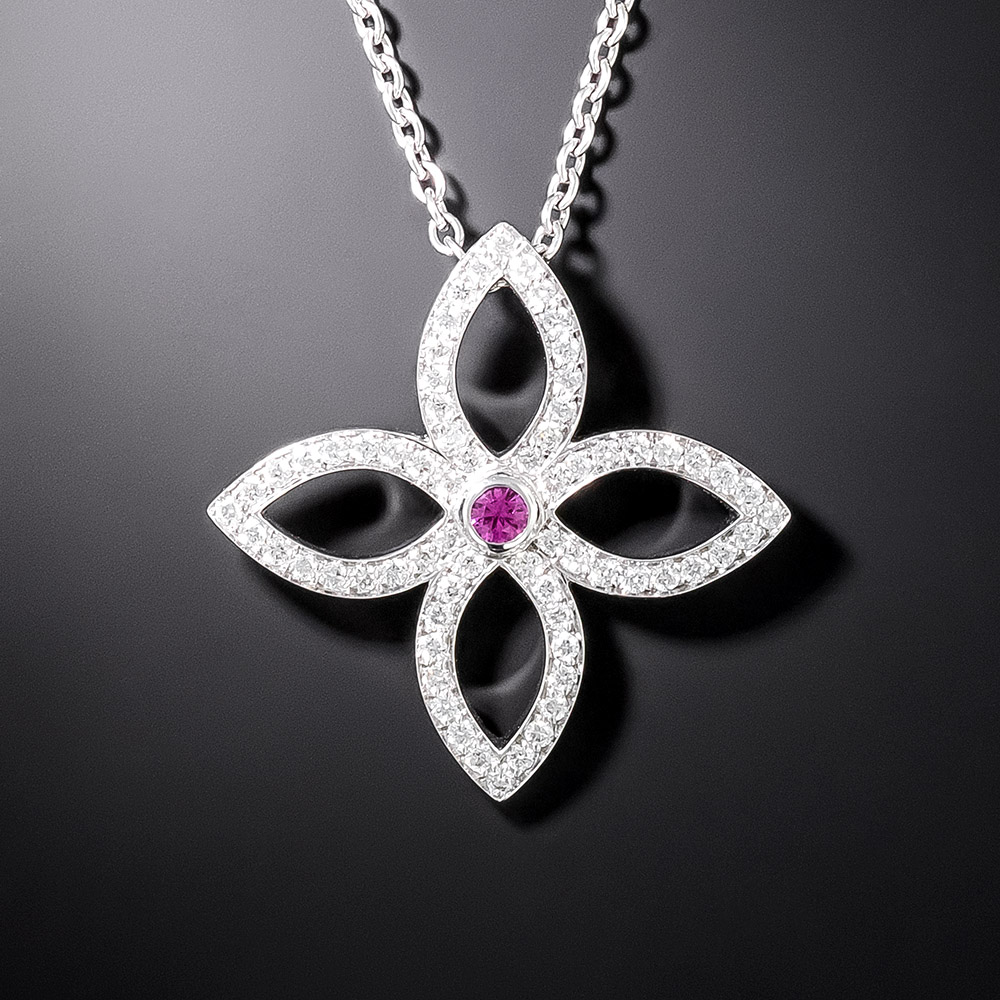 LOUIS VUITTON 18k Flower Diamond Pink Sapphire Necklace