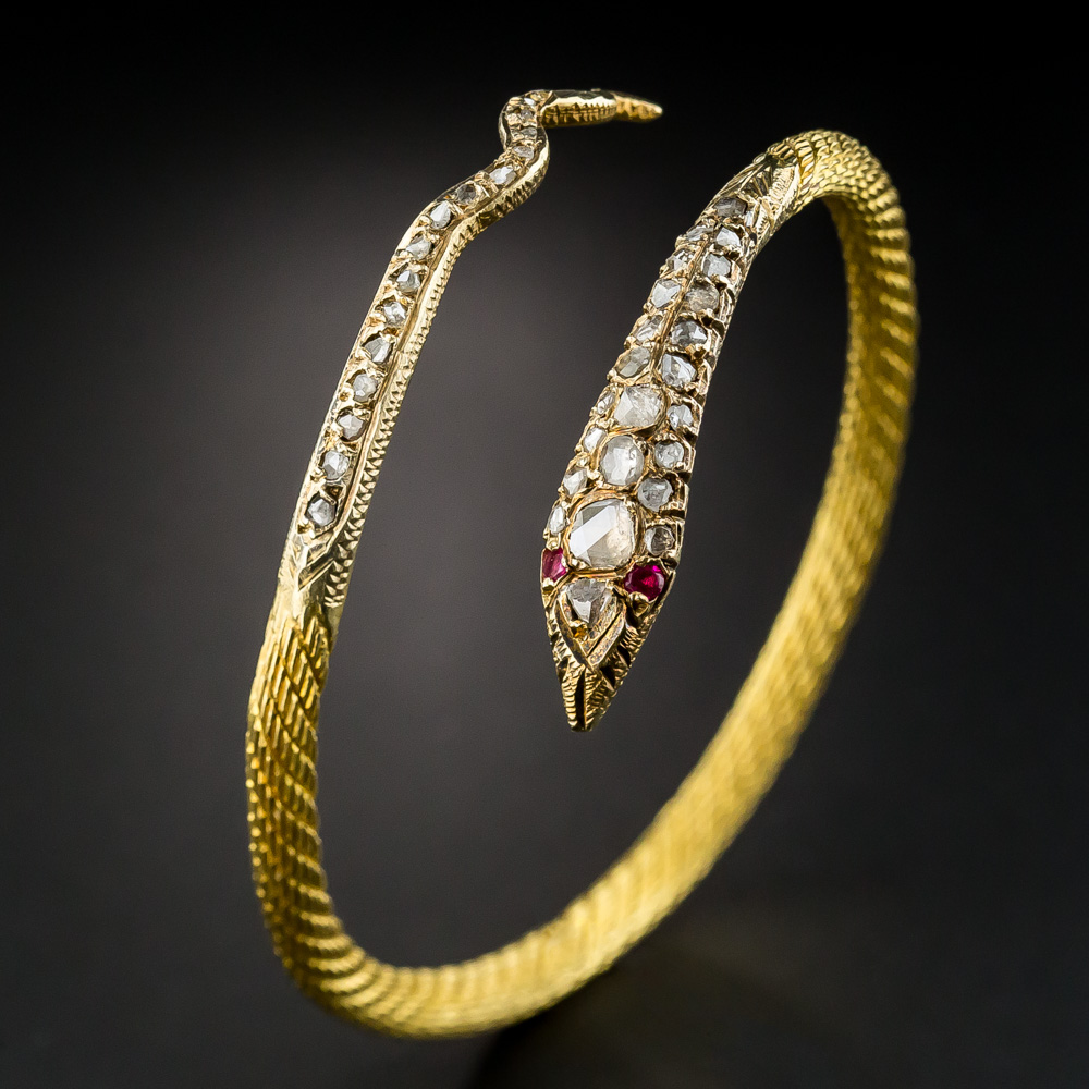 Mid-Century 18K Rose-Cut Diamond Snake Bracelet