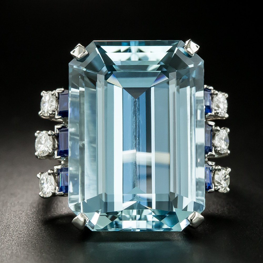 Mid-Century 23.98 Carat Aquamarine, Sapphire and Diamond Ring