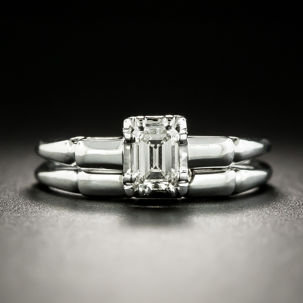 MidCentury .34 Carat EmeraldCut Diamond Wedding Set
