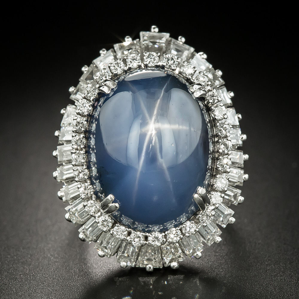 Mid-Century 45 Carat Star Sapphire and Baguette Diamond Ring-Dant by Palais