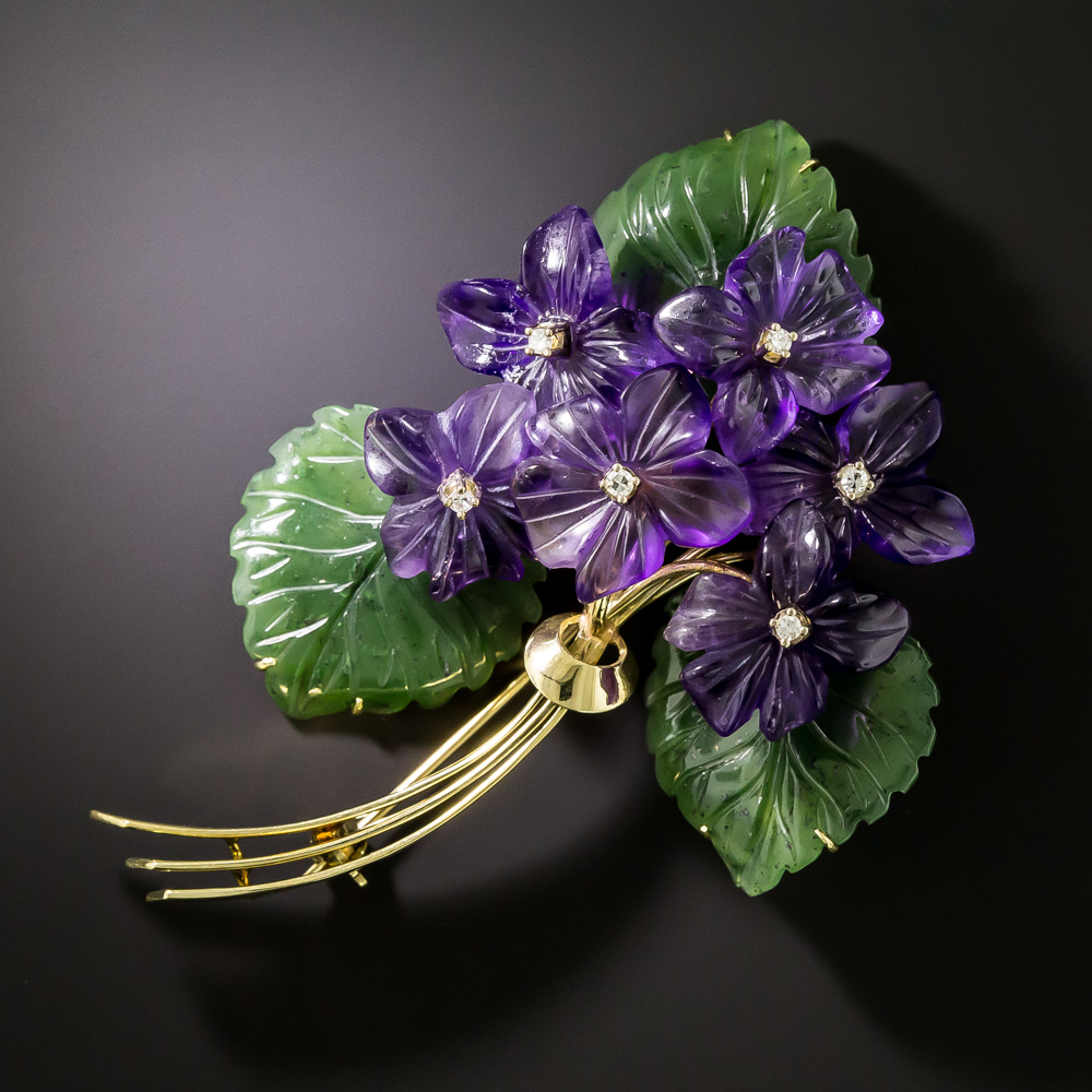 アクセサリー newsweetpot Mid-Century Carved Amethyst and Nephrite Floral Brooch