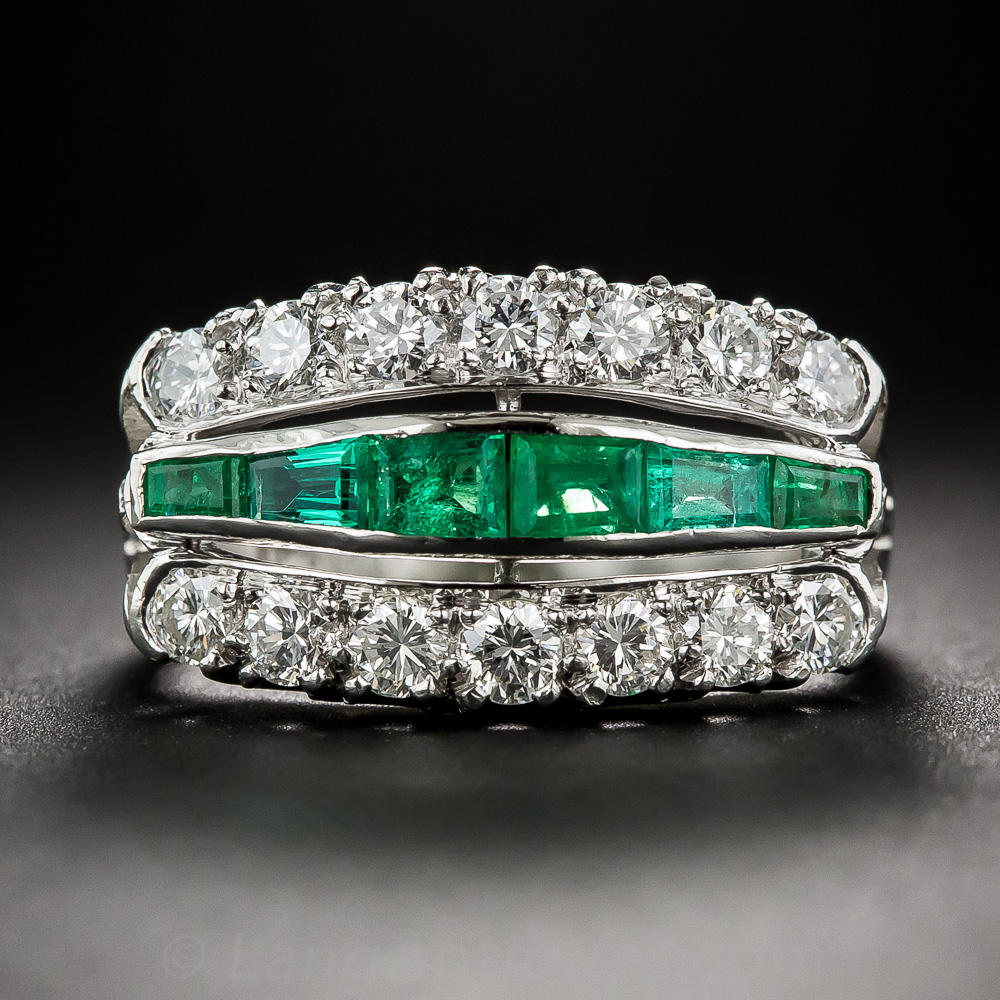 Mid-Century Diamond and Emerald Triple Band Ring