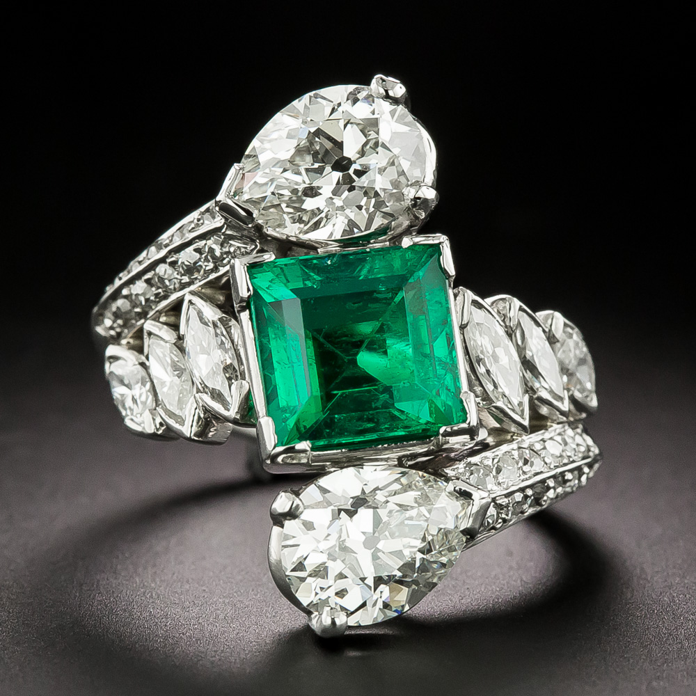 MidCentury Emerald and Diamond Bypass Ring, by Potter & Mellen GIA