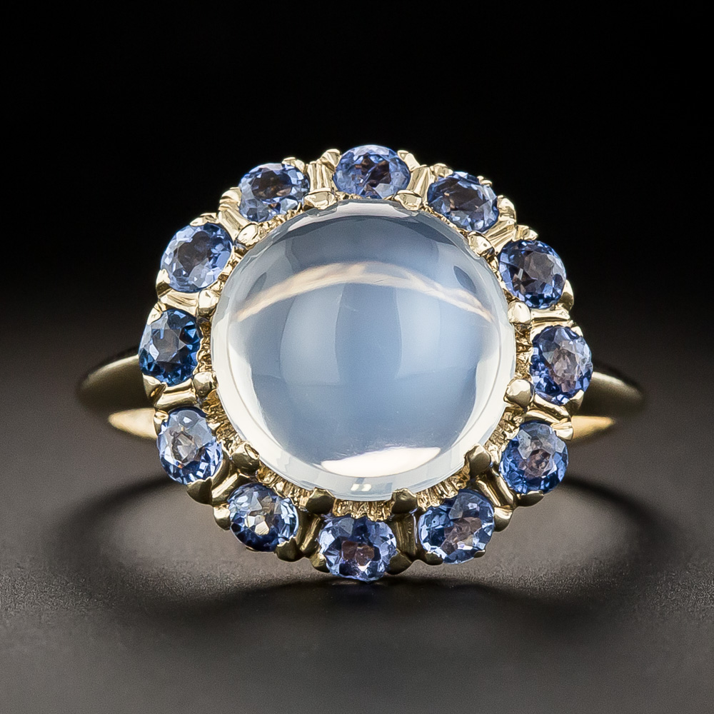 Mid-Century Moonstone and Sapphire Halo Ring, by Untermeyer