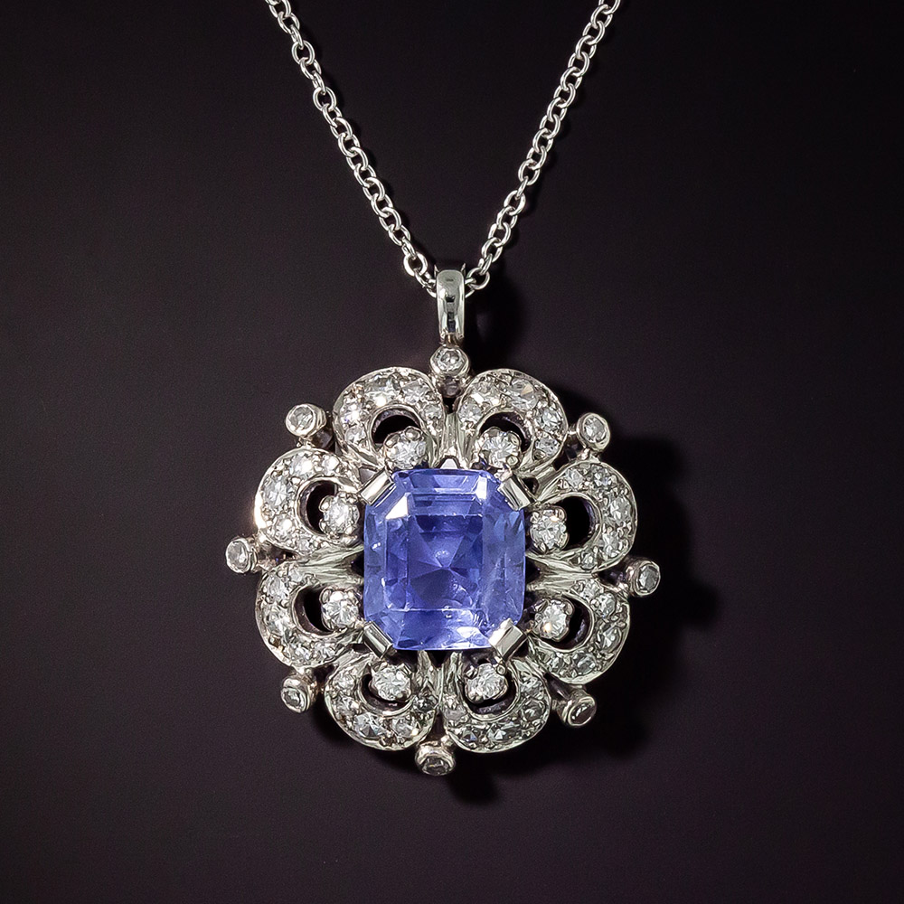 Mid-Century No-Heat 5.50 Carat Emerald-Cut Sapphire and Diamond Pendant