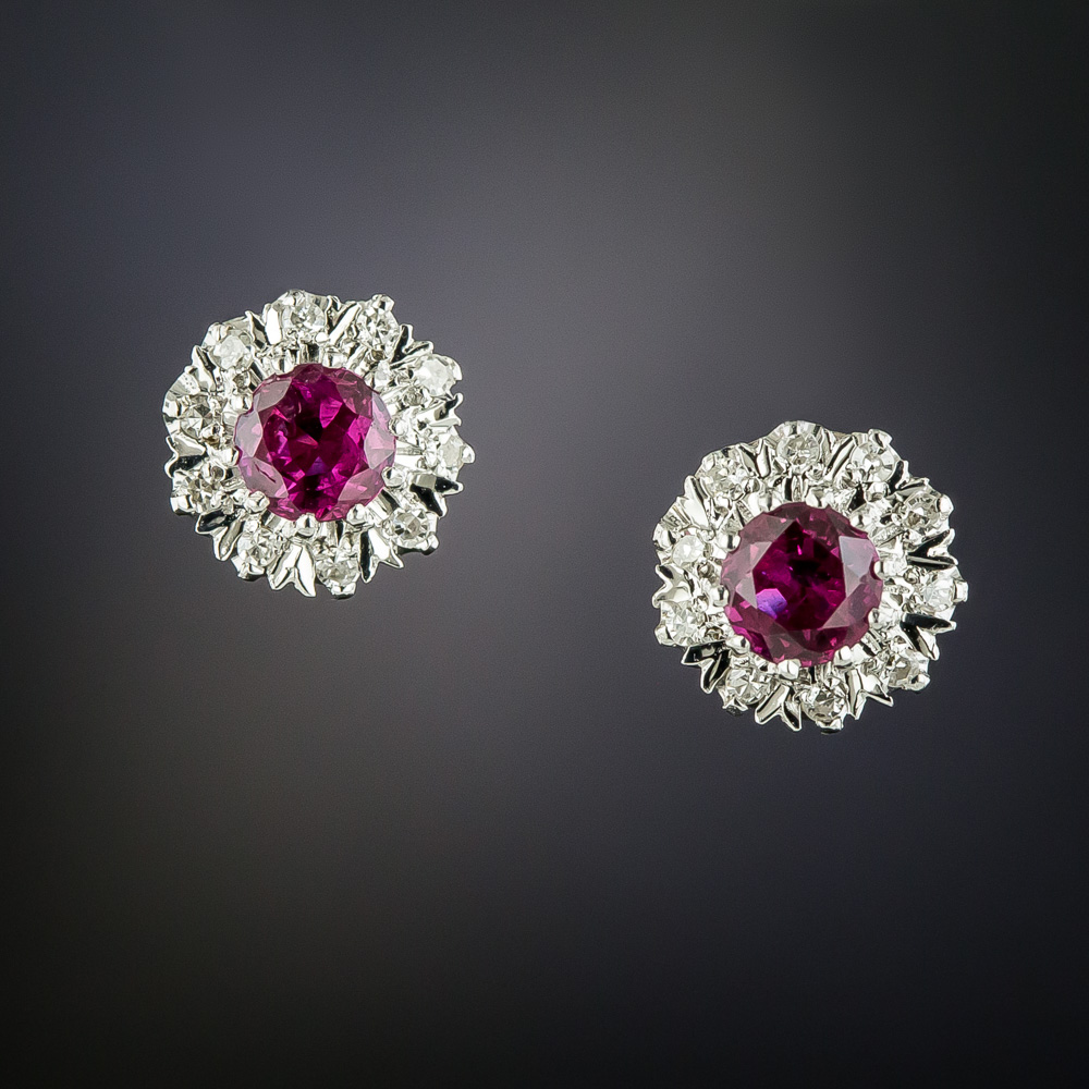 Mid-Century Ruby and Diamond Halo Ear Studs