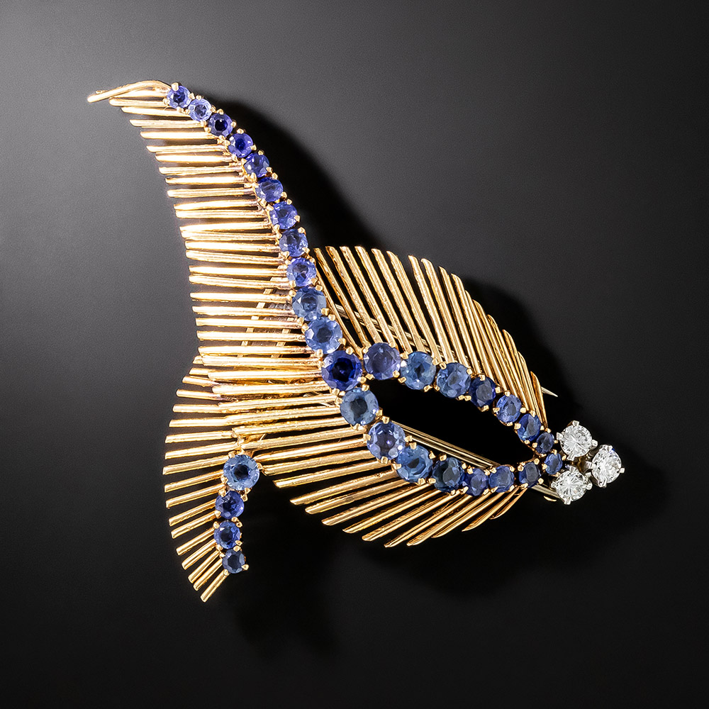 Mid-Century Sapphire and Diamond Feather Brooch