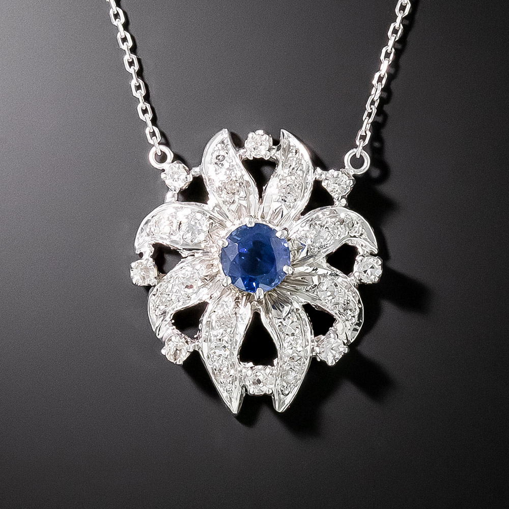 Mid-Century Sapphire and Diamond Flower Pendant